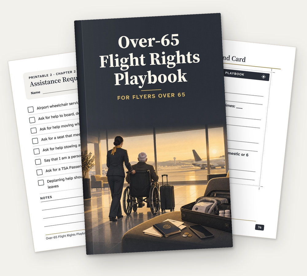 The cover of The Over-65 Flight Rights Playbook, with two of its printable pages